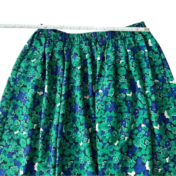 Vintage Leslie Fay Green and Blue Floral Midi Skirt Elasticized Waist Size 8 - Picture 8 of 10
